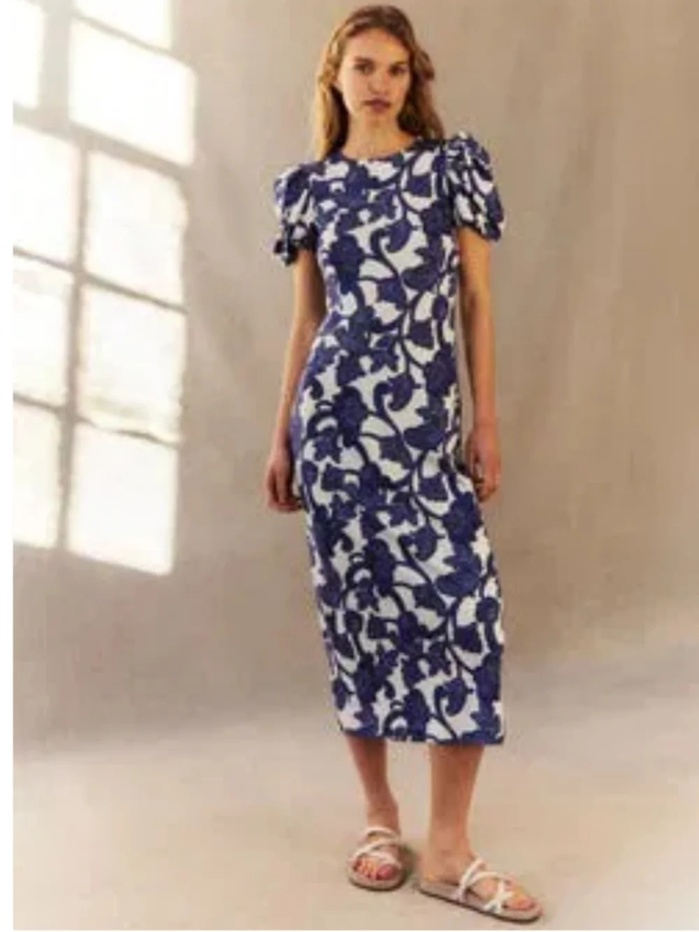 Boden Puff Sleeve Blue Floral Jersey Midi Dress Size 8R EUC - Picture 5 of 12